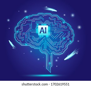 Intelligence brain with electronic circuit board. Futuristic psychology concept with glowing. Innovation technology creative thinking. Vector illutration.