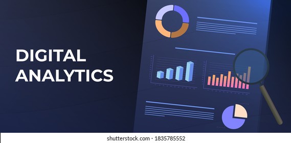 Inteligencia y Análisis de Negocios Digitales con KPI (indicadores clave de rendimiento) concepto de banner vectorial plano en el tablero. Analizar la estrategia y las tendencias financieras utilizando gráficos y gráficos infográficos.