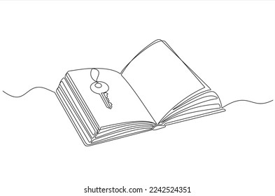 intelligence, education, unlimited access to knowledge concept. Continuous single one line drawing of open book with  key meaning chance to unlock wisdom in studying vector illustration