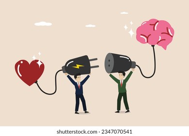 Intelligence and Emotional, controlling team feelings and emotions, balance concept, coworkers connecting heart feelings with logical thinking brain.