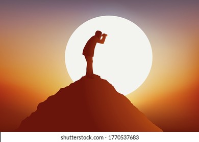 Intelligence and espionage concept with a man on a mountain watching the competition with a pair of binoculars.