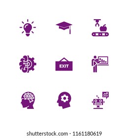 intelligence icon. 9 intelligence set with brain, logout, graduation cap and robot vector icons for web and mobile app