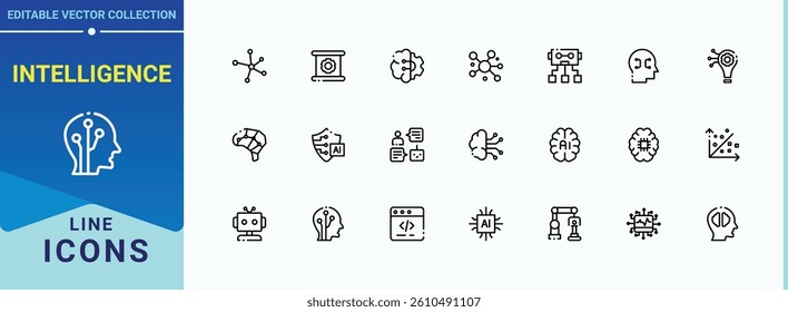 Intelligence icon. Includes thin line symbols tech, ai, machine, digital, bot and more. Artificial Intelligence modern icon. Line symbol and sign. Pixel perfect. Editable vector.
