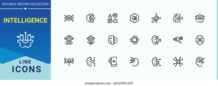 Intelligence icon. Includes thin line symbols tech, ai, machine, digital, bot and more. Artificial Intelligence modern icon. Line symbol and sign. Pixel perfect. Editable vector.