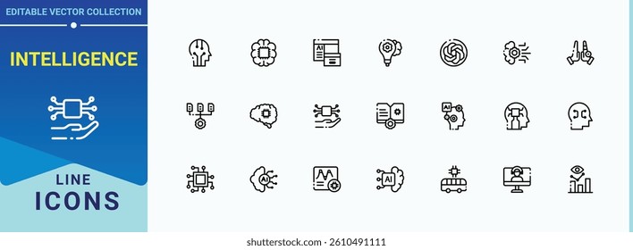 Intelligence icon. Includes thin line symbols tech, ai, machine, digital, bot and more. Artificial Intelligence modern icon. Line symbol and sign. Pixel perfect. Editable vector.