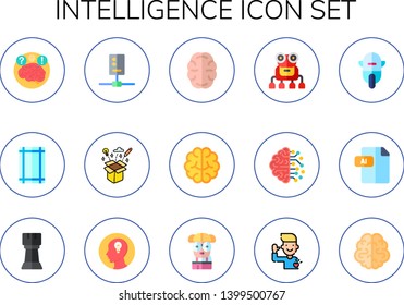 intelligence icon set. 15 flat intelligence icons.  Simple modern icons about  - brain, margin, circuit, creativity, robot, artificial intelligence, ai, rook, brainstorm, nerd