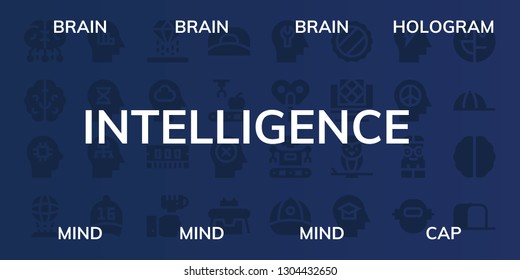 intelligence icon set. 32 filled intelligence icons. on blue background style Collection Of - Brain, Hologram, Mind, Cap, Ram, Technology, Mechanical arm, Robot, Automaton, Artificial intelligence