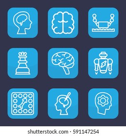 intelligence icon. Set of 9 outline intelligence icons such as brain, human brain, brain surgery, board game, gear in head, chess king