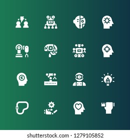 intelligence icon set. Collection of 16 filled intelligence icons included Design skills, Mind, Robot, Circuit, Creativity, Artificial intelligence, Robotic arm, Brain, Robot arm