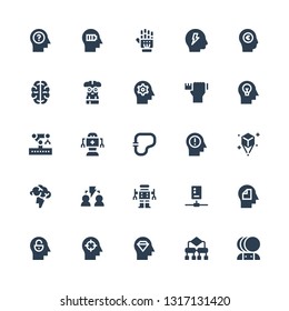 intelligence icon set. Collection of 25 filled intelligence icons included Artificial intelligence, Algorithm, Mind, Circuit, Robot, Brainstorming, Hologram, Robotic arm, Design skills
