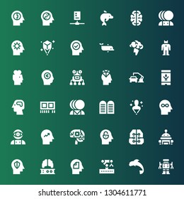 intelligence icon set. Collection of 36 filled intelligence icons included Robot, Dolphin, Robotic arm, Mind, Brain, Intelligence, Artificial Hologram, Commandments