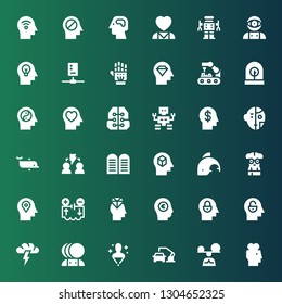 intelligence icon set. Collection of 36 filled intelligence icons included Mind, Mindfulness, Robot arm, Hologram, Artificial intelligence, Brainstorming, Brain, Electrical circuit