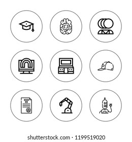 Intelligence icon set. collection of 9 outline intelligence icons with brain, cap, creativity, graduation hat, mental health, secret file, robot arm icons. editable icons.