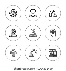Intelligence icon set. collection of 9 outline intelligence icons with artificial intelligence, brain, brainstorming, knowledge, mental health icons. editable icons.