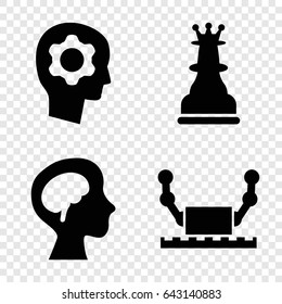 Intelligence icons set. set of 4 intelligence filled icons such as human brain, gear in head, chess king
