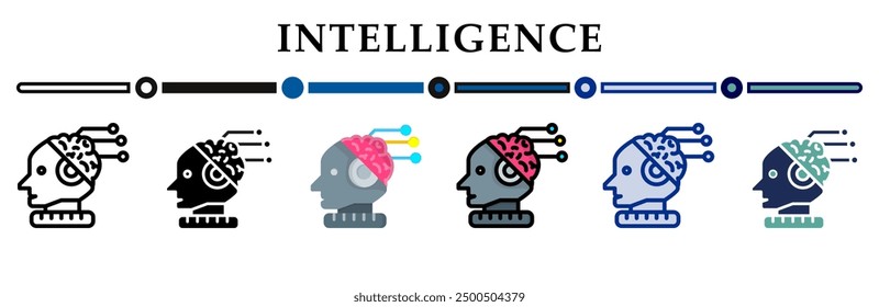 Intelligence icons set. 6 Various styles. For sign, symbol, element, presentation, infographic or web graphics. Vector Illustration.