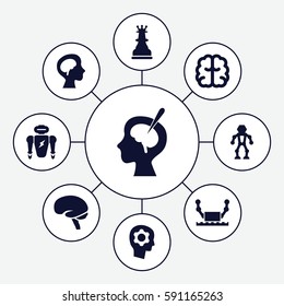 intelligence icons set. Set of 9 intelligence filled icons such as brain, human brain, brain surgery, gear in head, chess king
