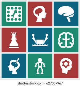 Intelligence icons set. set of 9 intelligence filled icons such as brain, human brain, brain surgery, board game, gear in head, chess king