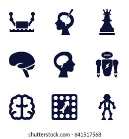 Intelligence icons set. set of 9 intelligence filled icons such as brain, human brain, brain surgery, board game, chess king