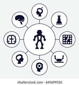 Intelligence icons set. set of 9 intelligence filled icons such as brain, human brain, brain surgery, board game, gear in head, chess king