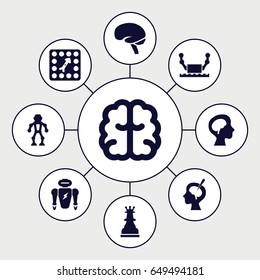 Intelligence icons set. set of 9 intelligence filled icons such as brain, human brain, brain surgery, board game, chess king