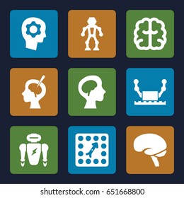 Intelligence icons set. set of 9 intelligence filled icons such as brain, human brain, brain surgery, board game, gear in head