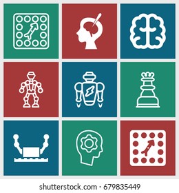 Intelligence icons set. set of 9 intelligence filled and outline icons such as brain, brain surgery, board game, robot, gear in head