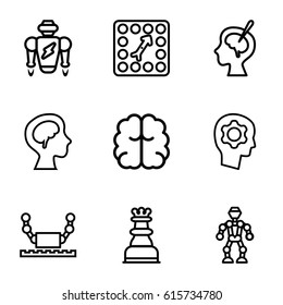 Intelligence icons set. set of 9 intelligence outline icons such as brain, human brain, brain surgery, board game, gear in head, chess king