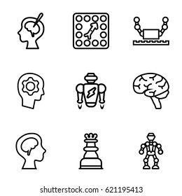 Intelligence icons set. set of 9 intelligence outline icons such as brain, human brain, brain surgery, board game, gear in head, chess king