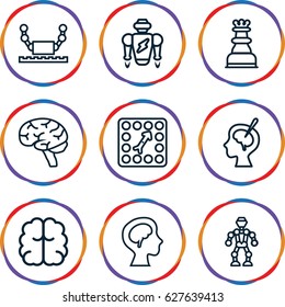 Intelligence icons set. set of 9 intelligence outline icons such as brain, human brain, brain surgery, board game, chess king