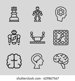 Intelligence icons set. set of 9 intelligence outline icons such as brain, human brain, board game, gear in head, chess king