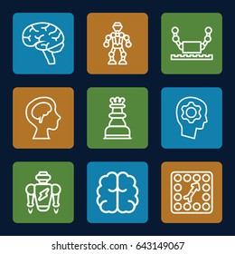 Intelligence icons set. set of 9 intelligence outline icons such as brain, human brain, board game, gear in head, chess king