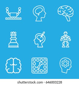 Intelligence icons set. set of 9 intelligence outline icons such as brain, human brain, brain surgery, board game, gear in head, chess king