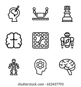Intelligence icons set. set of 9 intelligence outline icons such as brain, brain surgery, board game, gear in head, chess king