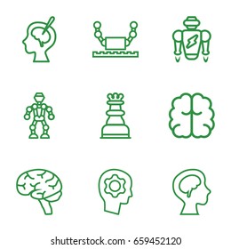Intelligence icons set. set of 9 intelligence outline icons such as brain, human brain, brain surgery, gear in head, chess king