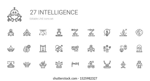 intelligence icons set. Collection of intelligence with industrial robot, robot, voice, mind, creative, brain. Editable and scalable intelligence icons.