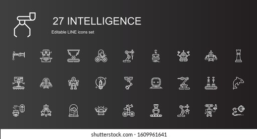 intelligence icons set. Collection of intelligence with industrial robot, robot, brain, creative, dolphin, chess piece. Editable and scalable intelligence icons.