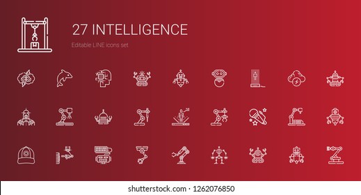 intelligence icons set. Collection of intelligence with robot, industrial robot, cap, voice, hologram, brainstorm, artificial intelligence. Editable and scalable intelligence icons.