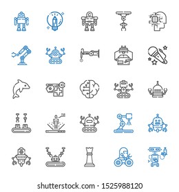 intelligence icons set. Collection of intelligence with robot, chess piece, industrial robot, brain, dolphin, voice, artificial intelligence. Editable and scalable intelligence icons.