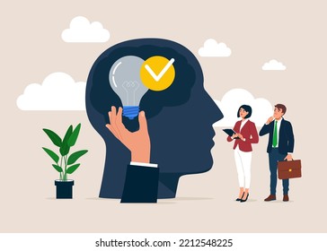 Intelligence and innovative ideas thinking businessman. Intellectual brain power with creative approach and successful solutions. Flat vector illustration.