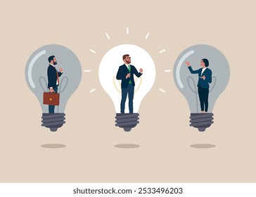 Intelligence and innovative ideas thinking businessman. Standing inside idea light bulbs. Creativity to help see business opportunity, vision to discover new solution or idea, curiosity. 