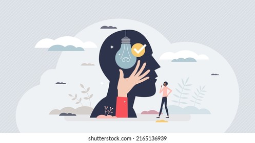 Intelligence and innovative new smart ideas thinking tiny person concept. Intellectual brain power with creative approach and successful solutions vector illustration. Logic visualization in head.