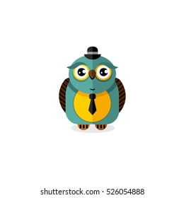 Intelligence owl bird cartoon character isolated vector illustration. Owl wisdom mascot standing with hat and tie. Funny clever owl isolated on white background. Cartoon vector owl icon.