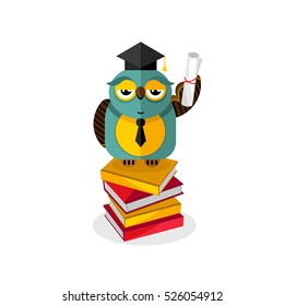 Intelligence owl bird cartoon character isolated vector illustration. Owl wisdom mascot standing on stack of books. Funny clever owl isolated on white background. Cartoon vector owl icon.