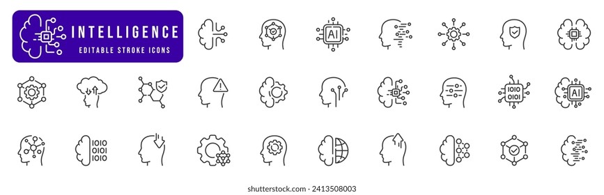 Intelligence related line icon set. Machine learning collection. Mind, ai, brain, network, smart icons. Editable stroke