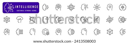 Intelligence related line icon set. Machine learning collection. Mind, ai, brain, network, smart icons. Editable stroke