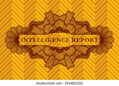 informe de inteligencia texto dentro del emblema realista de color naranja de la moneda. Fondo geométrico de moda. Ilustración artística. 