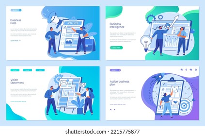 Intelligence, rules, action business plan, vision statement concept. Websites landing page templates set. People work with financial data for business development. Colleagues work with project