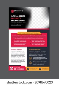 Intelligence security engineering flyer. abstract geometric template design use vertical layout combined with yellow, red, and black elements. white and blue background with space for photo collage.