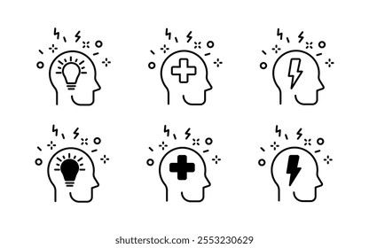 Symbole für Intelligenzgruppen. Ikonen der Improvisation. Linearer und Silhouettenstil. Vektorsymbole.